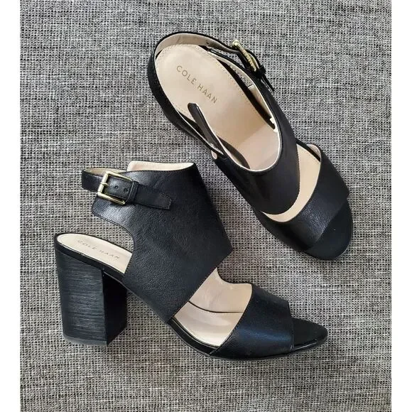 $228 Women's Cole‎ Haan Black Leather Open Toe Ankle Strap Heels US Size 10 B